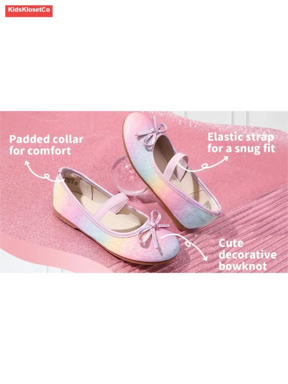 Toddler Girls Ballet Flats with Bow, Glitter Finish, Elastic Band